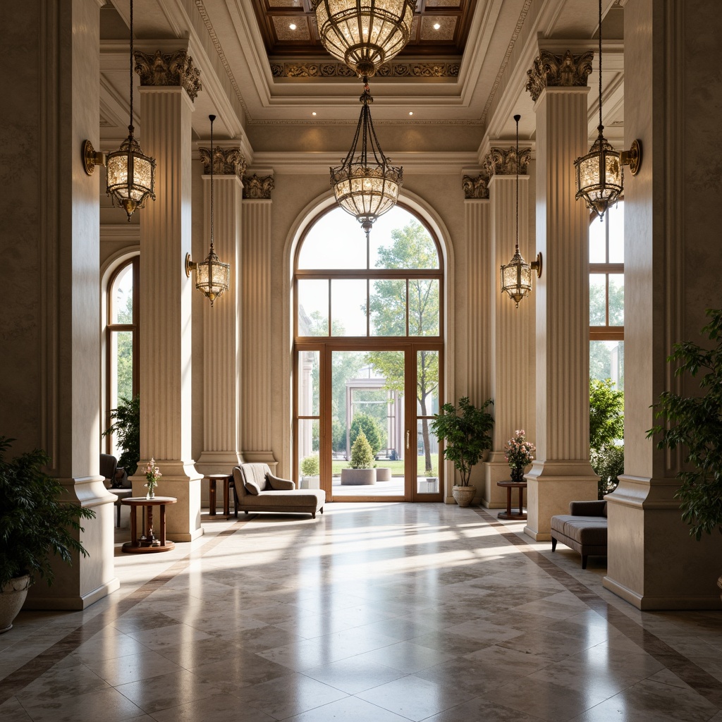 Prompt: Grand clinic entrance, symmetrical fa\u00e7ade, majestic columns, ornate details, polished marble floors, high ceilings, natural light pouring in, elegant chandeliers, luxurious waiting areas, comfortable seating, soft warm lighting, shallow depth of field, 1/1 composition, central axis symmetry, neoclassical architecture, subtle color palette, neutral tones, refined textures, ambient occlusion.