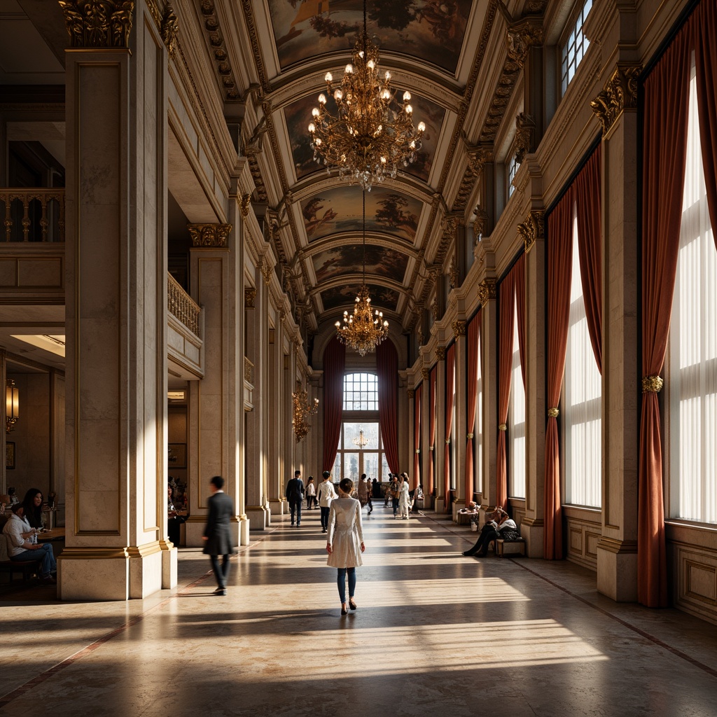 Prompt: Grandiose columns, ornate carvings, symmetrical facades, classical pediments, intricate moldings, polished marble floors, lavish chandeliers, ornamental frescoes, richly textured fabrics, luxurious velvet drapes, gilded frames, elegant curves, refined proportions, subtle color palette, soft warm lighting, shallow depth of field, 2/3 composition, realistic textures, ambient occlusion.