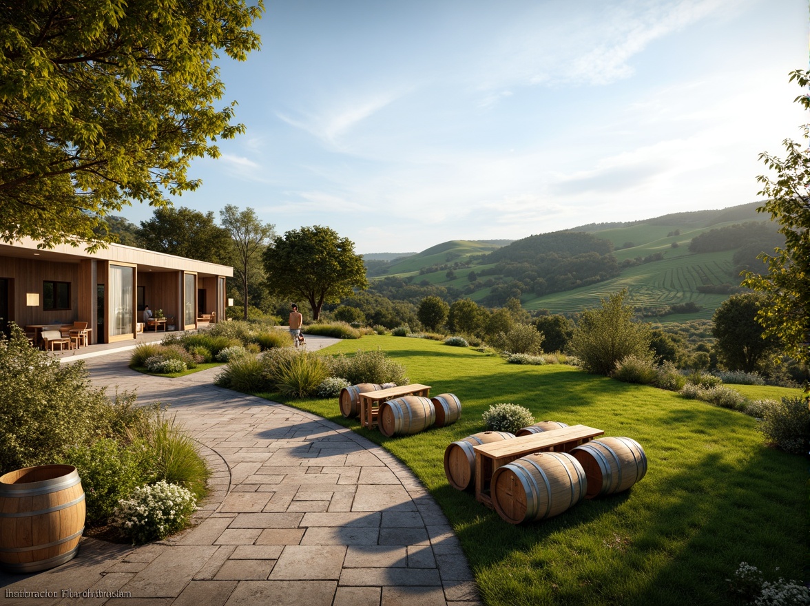 Prompt: Rolling hills, lush vineyards, rustic wine barrels, wooden crates, stone pathways, modern minimalist architecture, clean lines, simple forms, natural materials, earthy tones, green roofs, large windows, sliding glass doors, panoramic views, soft warm lighting, ambient shadows, 3/4 composition, realistic textures, gentle breeze, warm sunny day, serene atmosphere.