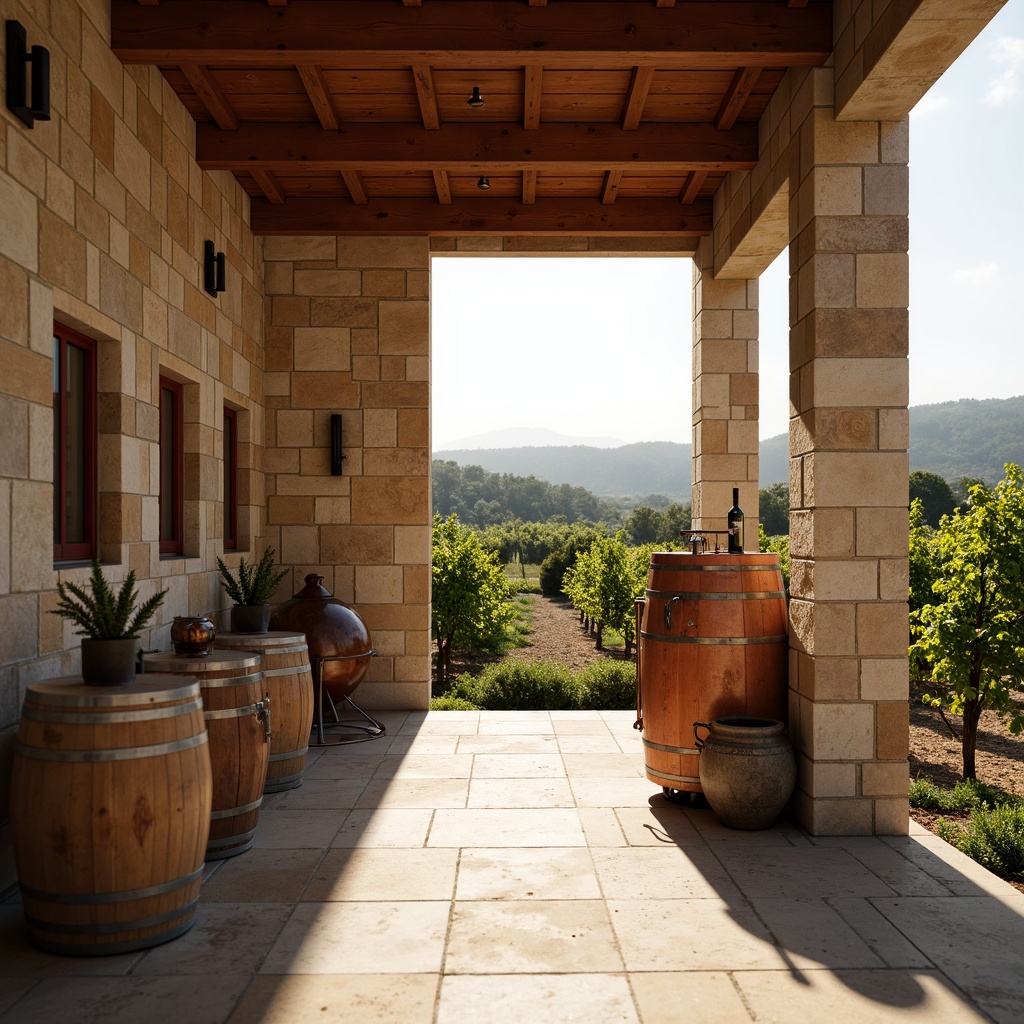 Prompt: Earthy winery, rustic stone walls, wooden barrels, vintage metal equipment, lush green vines, rolling hills, warm sunny day, soft natural lighting, minimal modern architecture, clean lines, neutral color palette, earthy tones, terracotta reds, weathered wood accents, creamy whites, soft grays, aged copper details, distressed textures, shallow depth of field, 2/3 composition, subtle lens blur.