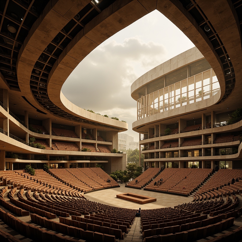 Prompt: Sweeping grandstand, tiered seating, curved lines, dynamic shapes, fusion of ancient and modern styles, bold arches, majestic columns, intricate stonework, warm golden lighting, dramatic shadows, vast open spaces, panoramic views, atmospheric mist, ambient sounds, 3/4 composition, low-angle shot, cinematic depth of field.