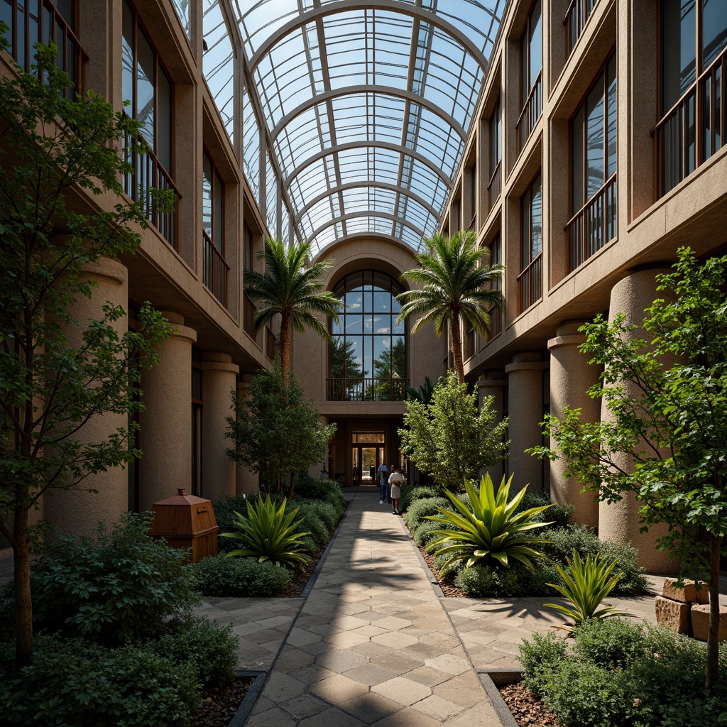 Prompt: Curved glass facades, lush greenery, tropical plants, ornate wooden frames, intricate metalwork, grand entrance doors, symmetrical archways, rustic stone walls, modern Renaissance architecture, soft natural lighting, warm ambient glow, 1/2 composition, shallow depth of field, realistic textures, ambient occlusion.