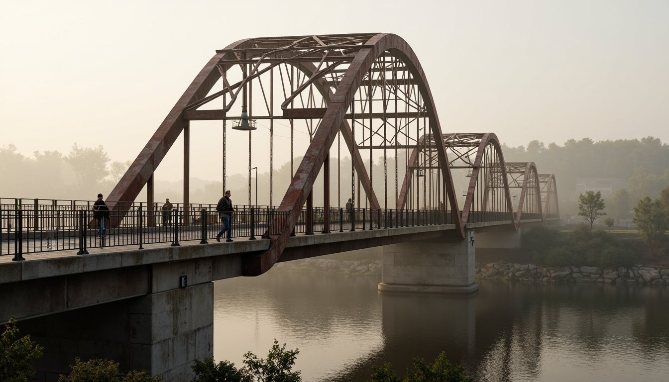 Prompt: Rustic vehicular bridge, steel arches, cable-stayed structures, suspension towers, concrete piers, asphalt roadways, metallic railings, overhead signage, pedestrian walkways, scenic river views, misty morning atmosphere, soft warm lighting, shallow depth of field, 1/2 composition, symmetrical framing, realistic reflections, ambient occlusion.Please let me know if this meets your requirements!