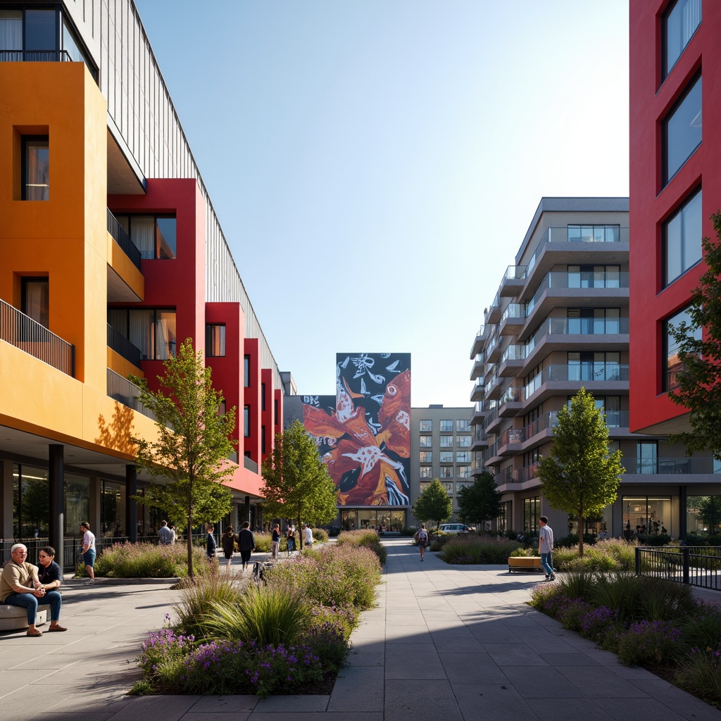 Prompt: Vibrant community center, bold geometric patterns, brightly colored walls, angular rooflines, large glass windows, metal accents, modern architectural style, urban landscape, bustling street scene, morning sunlight, soft warm lighting, shallow depth of field, 1/1 composition, realistic textures, ambient occlusion, lush greenery, outdoor seating areas, pedestrian pathways, public art installations, dynamic LED light displays, futuristic ambiance.