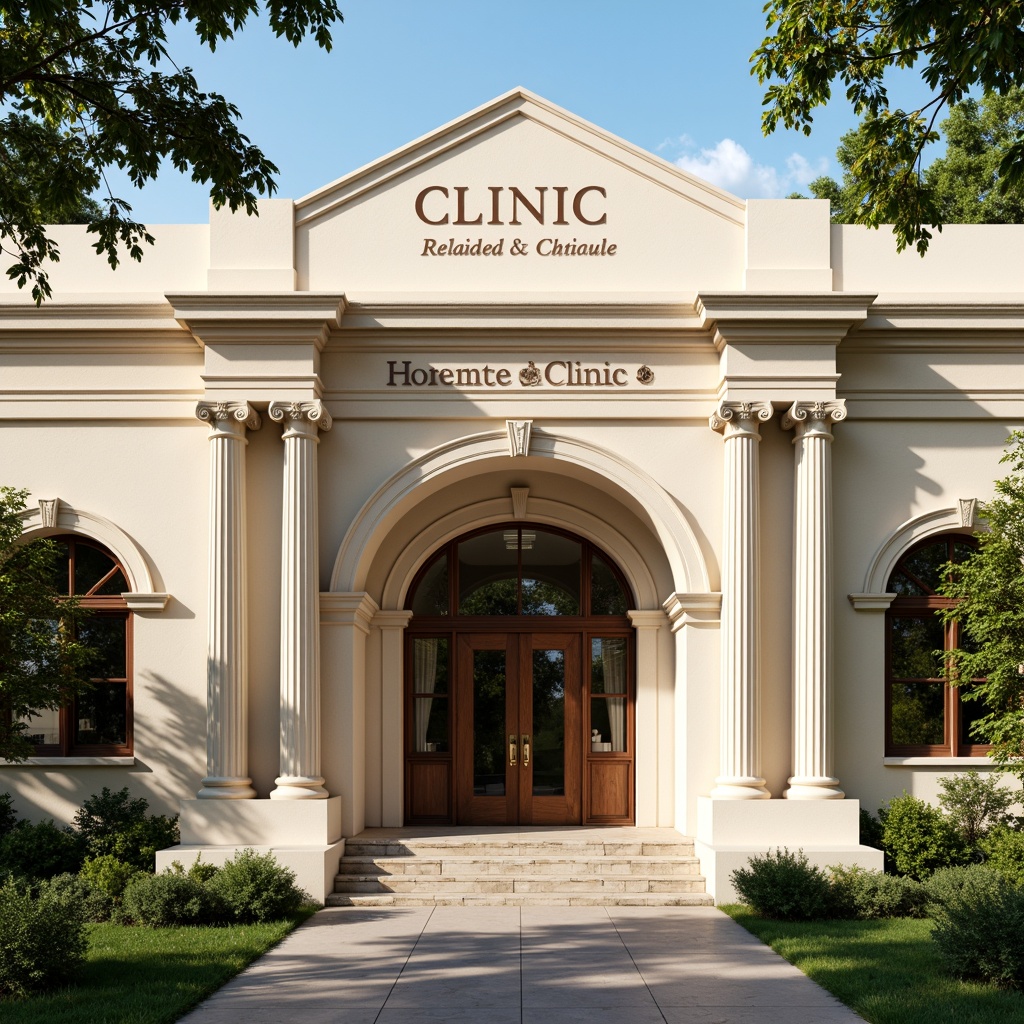 Prompt: Elegant clinic facade, symmetrical composition, ionic columns, ornate capitals, decorative entablatures, rusticated base, grand entrance, sweeping arches, rounded windows, cream-colored stone, subtle moldings, classical pediment, bronze door handles, polished metal signage, lush greenery, manicured lawns, sunny day, soft warm lighting, shallow depth of field, 1/1 composition, realistic textures, ambient occlusion.