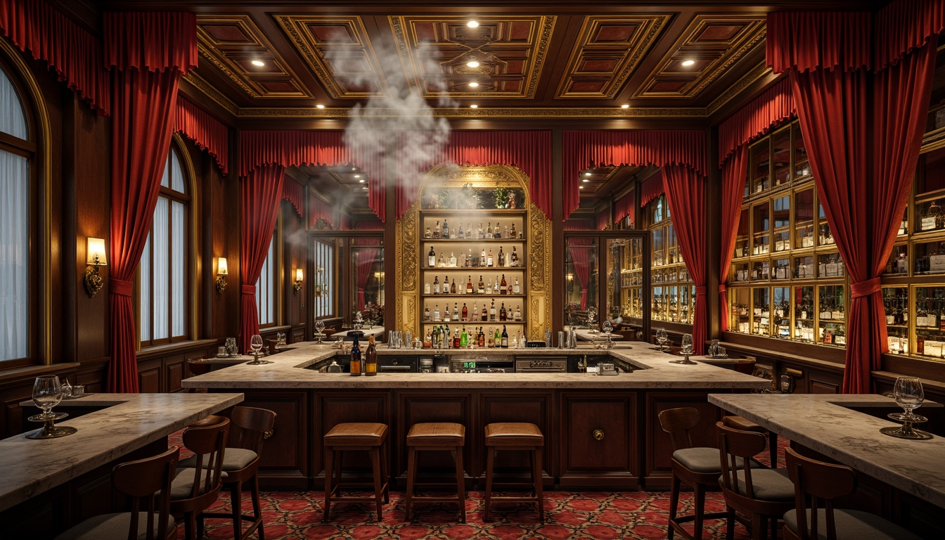 Prompt: Richly ornamented bar, lavish velvet drapes, polished brass fixtures, ornate mirrors, luxurious marble countertops, metallic accents, dimly lit atmosphere, warm golden lighting, smoke-filled air, vintage spirits displays, rustic wooden barrels, worn leather stools, distressed finishes, eclectic decorative artifacts, bold geometric patterns, opulent fabrics, mysterious shadows, cinematic composition, low-key lighting, dramatic highlights.