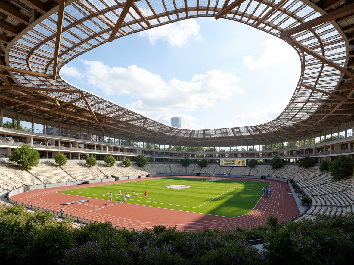 Prompt: Grand stadium architecture, retractable roof, natural ventilation system, curved lines, steel beams, green roofs, lush vegetation, solar panels, wind turbines, eco-friendly materials, innovative cooling technologies, shaded outdoor spaces, misting systems, tiered seating, athletic tracks, football fields, soccer pitches, basketball courts, volleyball nets, sports lighting, vibrant colorful seats, dynamic shading devices, 1/1 composition, soft warm lighting, shallow depth of field, realistic textures, ambient occlusion.