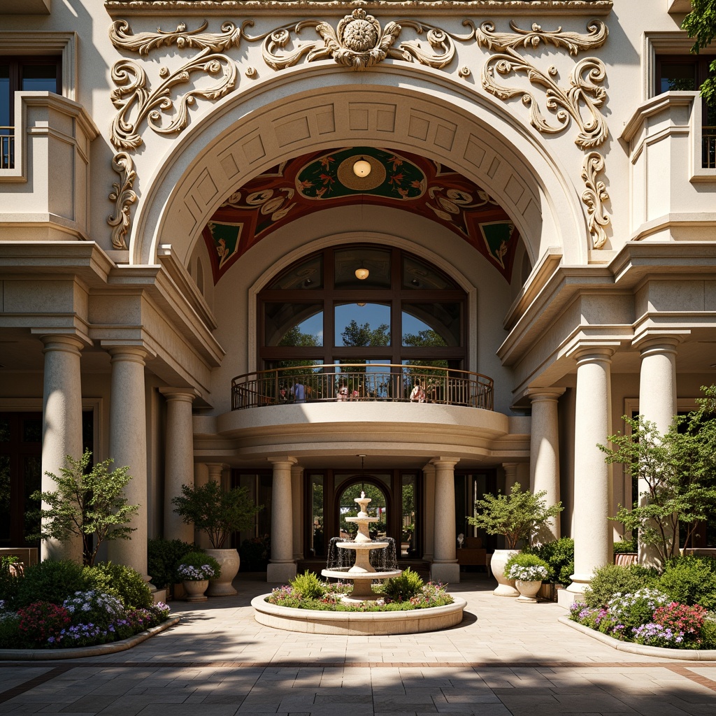 Prompt: Ornate hotel facade, grandiose entrance, sweeping arches, intricate stone carvings, ornamental balustrades, lavish gold accents, dramatic lighting, imposing columns, curved lines, richly textured stucco, vibrant colorful frescoes, majestic fountain, lush greenery, blooming flowers, sunny day, soft warm lighting, shallow depth of field, 3/4 composition, panoramic view, realistic textures, ambient occlusion.