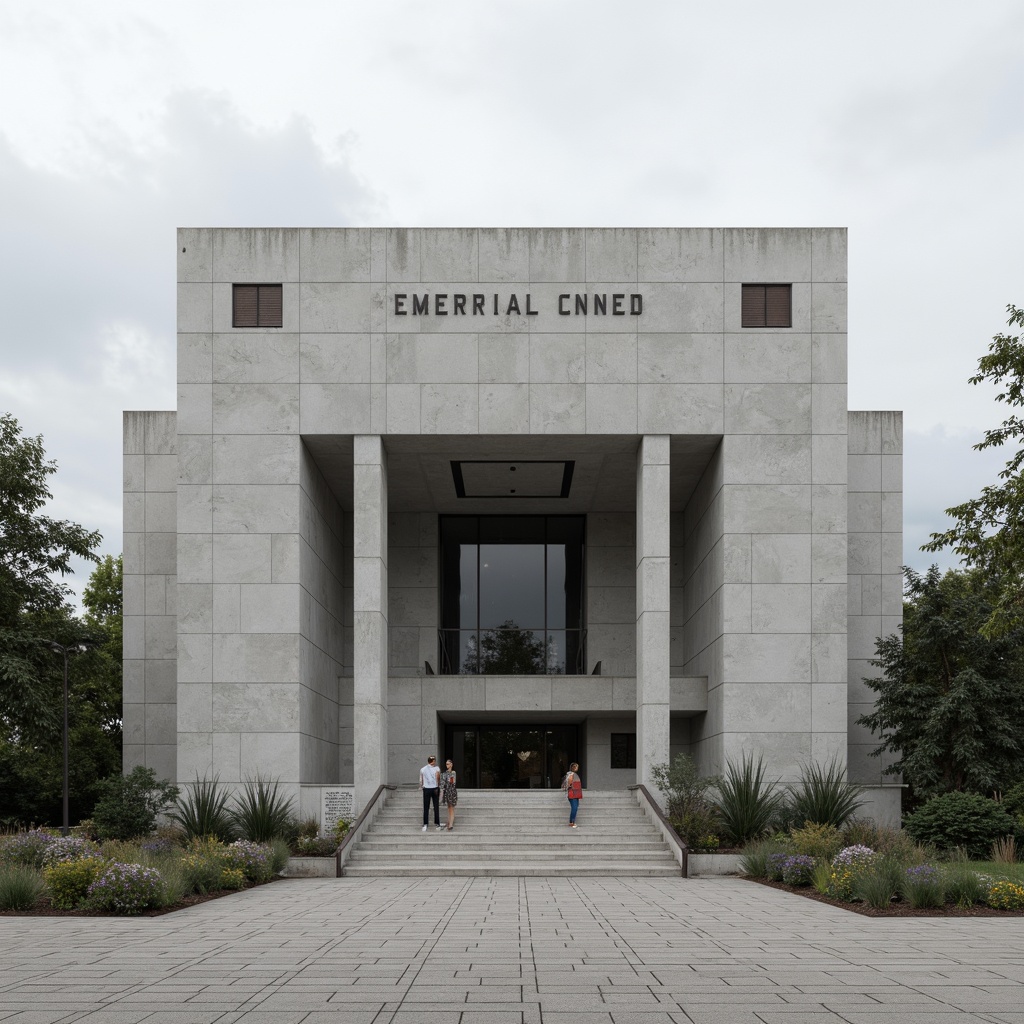 Prompt: Rugged memorial center facade, brutalist architecture, geometric shapes, clean lines, monochromatic color scheme, rough concrete textures, steel beams, minimalist ornamentation, solemn atmosphere, cloudy day, soft diffused lighting, shallow depth of field, 1/1 composition, symmetrical view, realistic materials, ambient occlusion, Bauhaus-inspired typography, memorial plaques, commemorative statues, somber tone, historic significance.