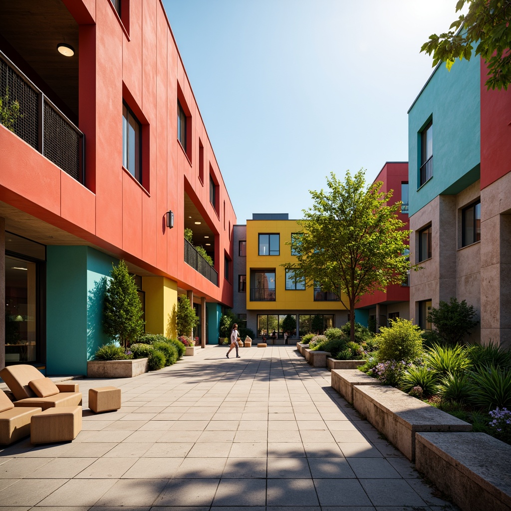 Prompt: Vibrant university campus, fusion of modern and traditional architecture, bold color palette, bright coral walls, turquoise accents, sunny yellow details, rich wood tones, natural stone textures, lush greenery, abstract geometric patterns, minimalist furniture, sleek metal railings, futuristic lighting fixtures, warm atmospheric glow, shallow depth of field, 3/4 composition, panoramic view, realistic materials, ambient occlusion.