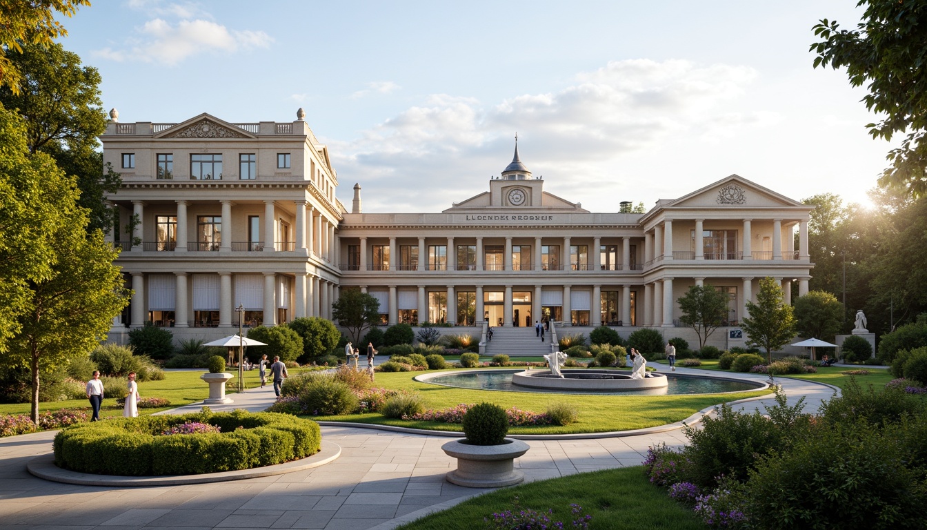 Prompt: Grandiose youth center, neoclassical architecture, symmetrical facade, ionic columns, ornate details, manicured lawns, vibrant flower beds, sculpted hedges, winding walkways, elegant fountains, tranquil ponds, decorative statues, soft natural lighting, warm afternoon sun, shallow depth of field, 1/1 composition, realistic textures, ambient occlusion.