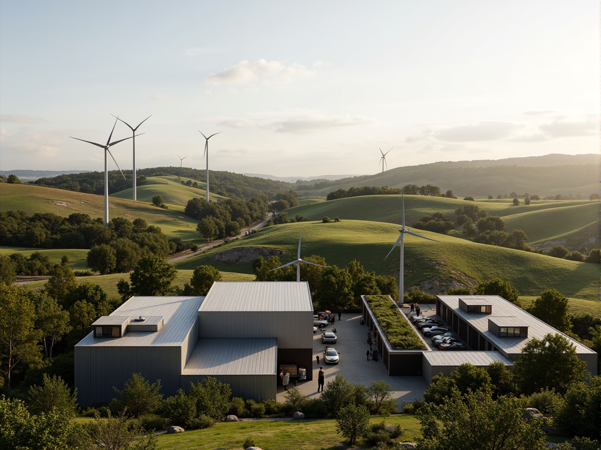 Prompt: Rural landscape, rolling hills, wind turbines, solar panels, industrial architecture, steel structures, corrugated metal cladding, functional design, efficient systems, renewable energy sources, green roofs, living walls, eco-friendly materials, minimalist aesthetic, natural ventilation, abundant daylight, soft warm lighting, shallow depth of field, 3/4 composition, panoramic view, realistic textures, ambient occlusion.