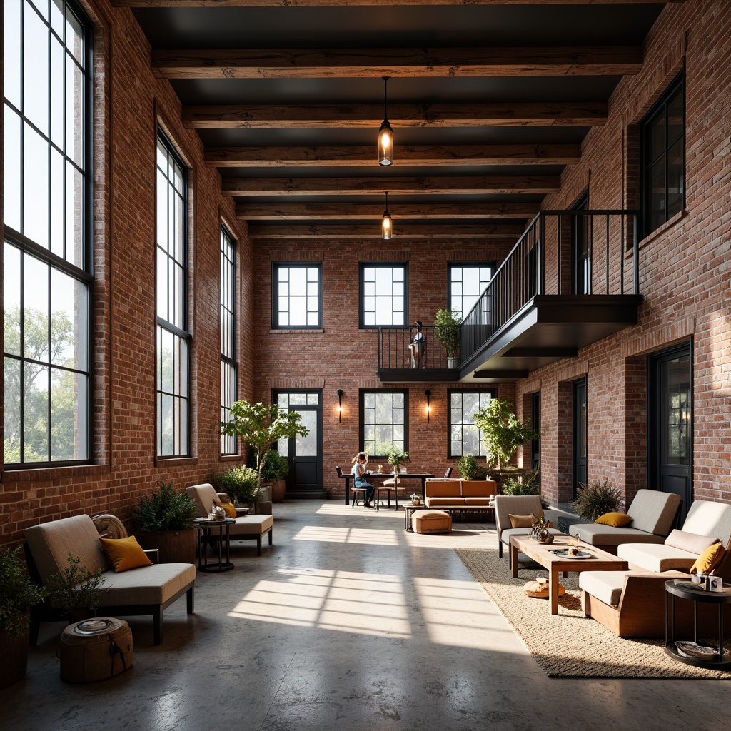 Prompt: Exposed brick facade, industrial metal beams, reclaimed wood accents, large windows, minimalist decor, urban loft atmosphere, regionalist architectural style, earthy color palette, distressed textures, rustic charm, converted warehouse feel, modern amenities, open floor plan, high ceilings, concrete floors, metal staircase, pendant lighting, eclectic art pieces, vintage furniture, cozy reading nooks, abundant natural light, soft warm glow, shallow depth of field, 3/4 composition, panoramic view.