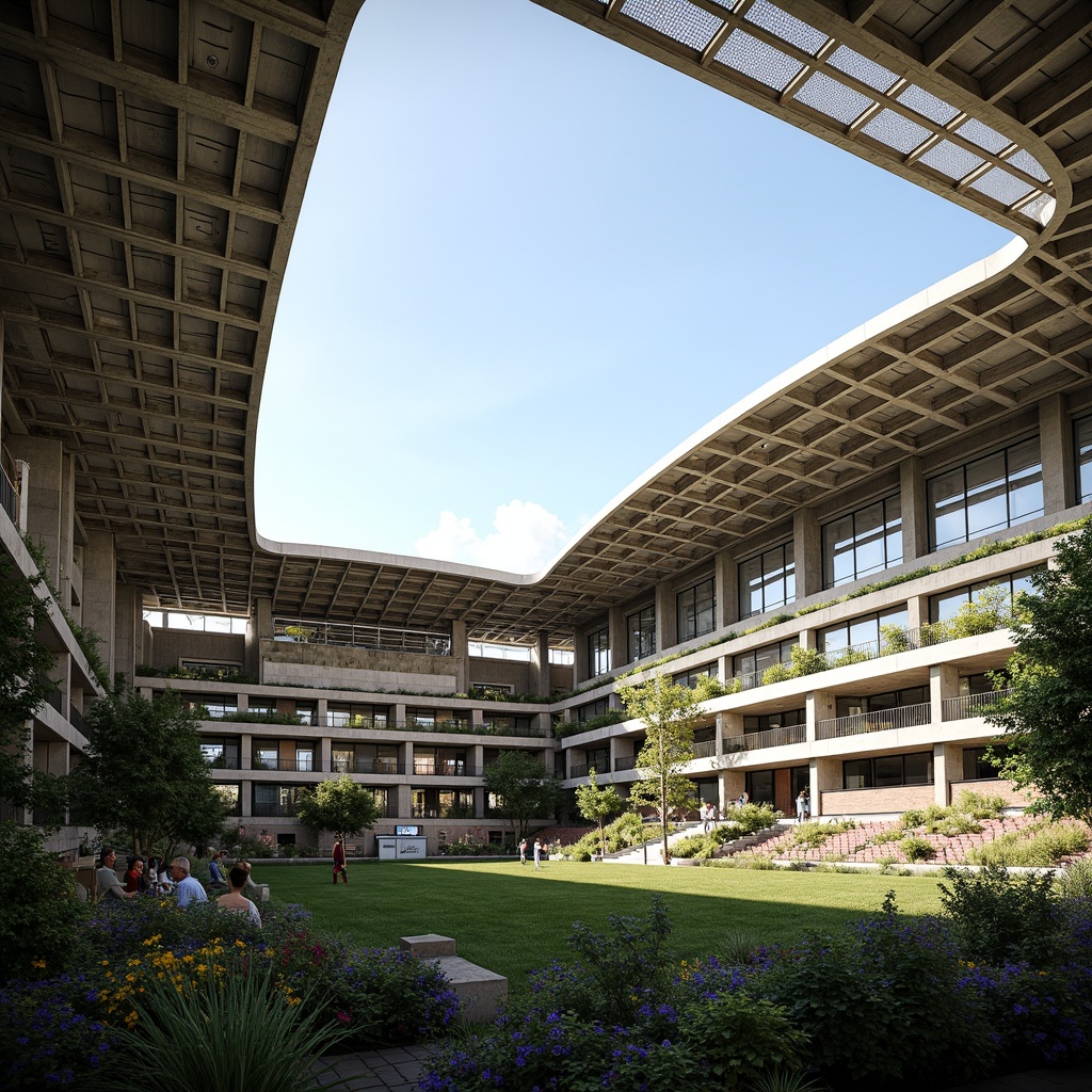 Prompt: Large stadium architecture, open-air design, natural ventilation systems, wind-driven airflow, curved rooflines, translucent canopies, clerestory windows, high ceilings, exposed ductwork, steel beams, concrete structures, green roofs, living walls, lush vegetation, outdoor seating areas, shaded concourses, warm sunny days, soft diffused lighting, shallow depth of field, 1/1 composition, panoramic view, realistic textures, ambient occlusion.