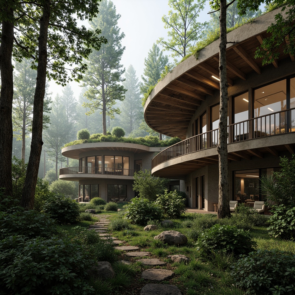 Prompt: Seamless forest integration, organic architecture, curved wooden beams, natural stone foundations, lush green roofs, cantilevered structures, floor-to-ceiling windows, rustic metal accents, earthy color palette, misty atmosphere, dappled light filtering, 1/1 composition, shallow depth of field, realistic foliage textures, ambient occlusion, forest floor pathways, towering trees, twinkling fireflies, serene ambiance, soft warm lighting.