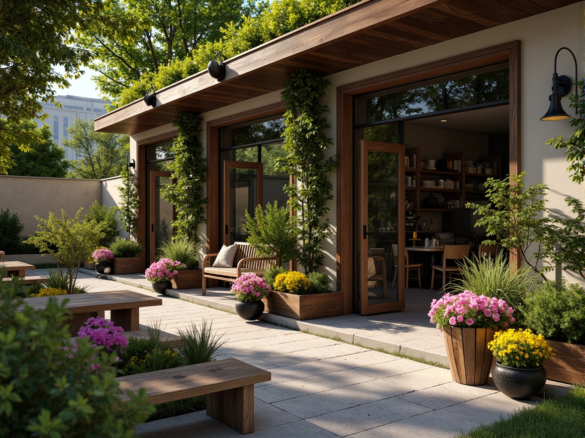 Prompt: Inviting coffee shop exterior, lush greenery, vibrant flowers, rustic wooden benches, reclaimed wood accents, modern metal planters, industrial-chic lighting fixtures, natural stone pathways, warm earthy tones, cozy outdoor seating areas, soft morning sunlight, shallow depth of field, 1/2 composition, intimate atmosphere, realistic textures, ambient occlusion.