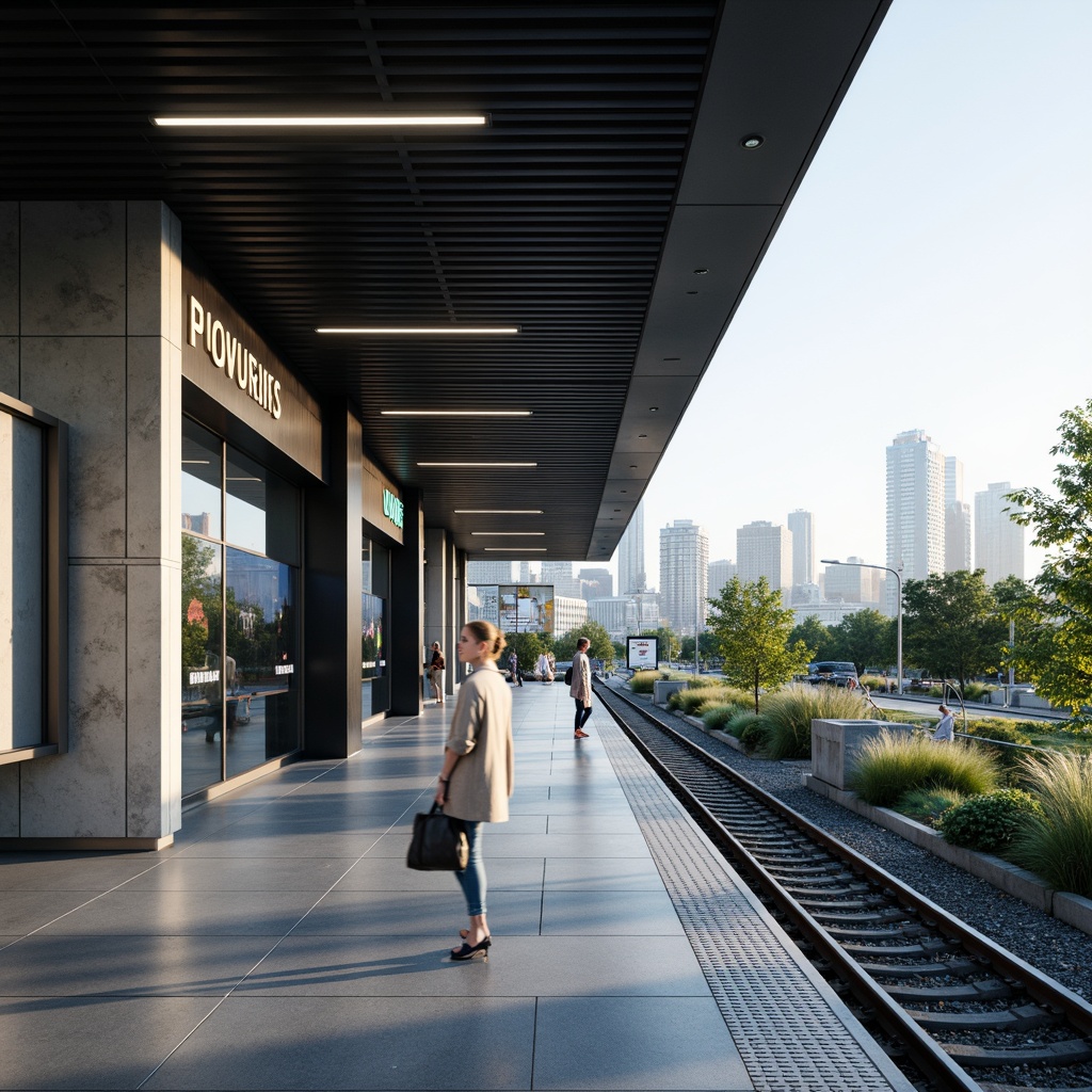 Prompt: Modern metro station, minimalist signage, sleek metal frames, clean typography, neutral color palette, LED displays, digital information boards, futuristic lighting, polished concrete floors, geometric patterns, urban landscape, city skyline view, natural stone walls, stainless steel handrails, sparse vegetation, morning commute atmosphere, soft cool lighting, shallow depth of field, 2/3 composition, realistic textures, ambient occlusion.