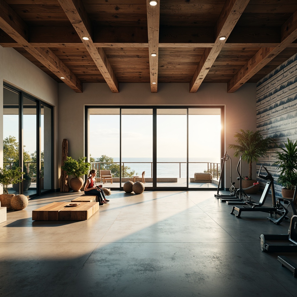 Prompt: Oceanfront gymnasium, expansive windows, sliding glass doors, natural light-filled interiors, polished concrete floors, minimalist design, modern fitness equipment, ocean-inspired color palette, wave-patterned walls, driftwood accents, reclaimed wood beams, nautical-themed decorations, energizing morning light, soft warm glow, shallow depth of field, 1/1 composition, panoramic view, realistic textures, ambient occlusion.