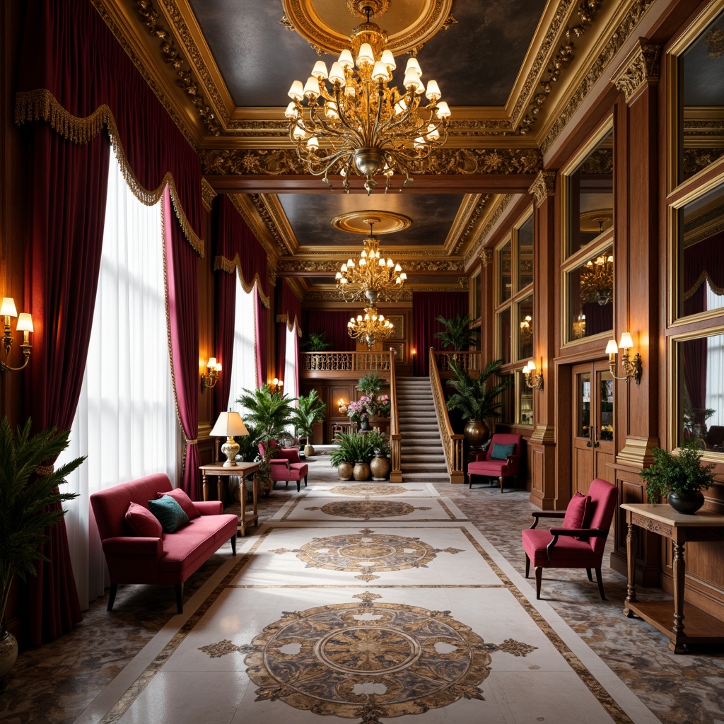 Prompt: Luxurious Baroque hotel lobby, rich velvety drapes, golden ornate mirrors, intricate marble floors, warm candlelight ambiance, soft creamy whites, deep berry reds, lavish emerald greens, opulent bronze accents, dramatic high ceilings, grandiose crystal chandeliers, indulgent velvet furnishings, mysterious dark wood tones, subtle fresco patterns, regal purple hues, majestic sweeping staircases, ornate gilded details, warm golden lighting, soft focus photography, 1/2 composition, intimate atmosphere.