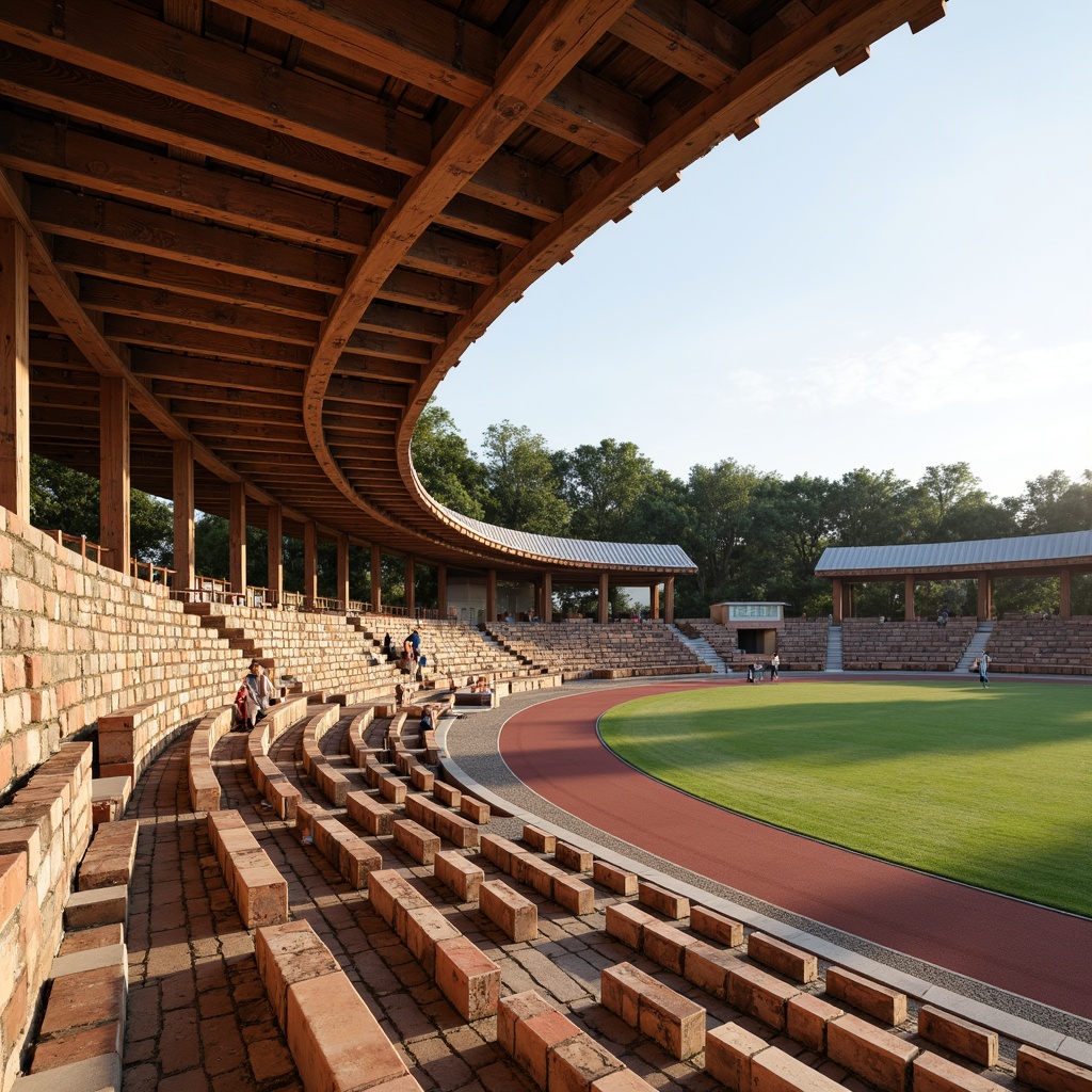 Prompt: Rustic stadium, earthy tones, natural stone walls, wooden beams, corrugated metal roofs, local materials, vernacular architecture, traditional craftsmanship, cultural heritage, vibrant colors, dynamic curves, grandstand seating, athletic tracks, lush greenery, sunny day, soft warm lighting, shallow depth of field, 3/4 composition, panoramic view, realistic textures, ambient occlusion.