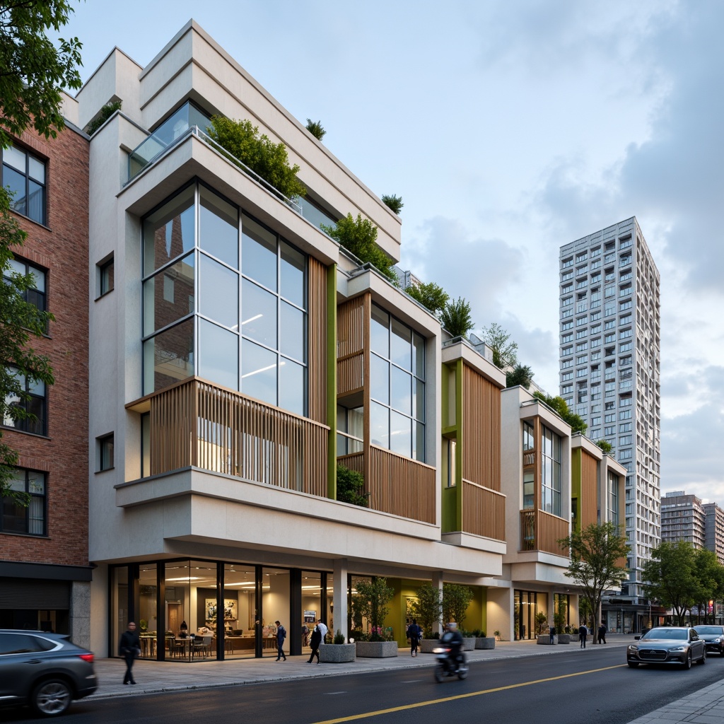 Prompt: Modern commercial building exterior, neutral beige tone, sleek glass fa\u00e7ade, silver metal accents, warm wood tones, vibrant green walls, urban cityscape background, cloudy blue sky, soft natural lighting, shallow depth of field, 1/2 composition, realistic reflections, ambient occlusion.