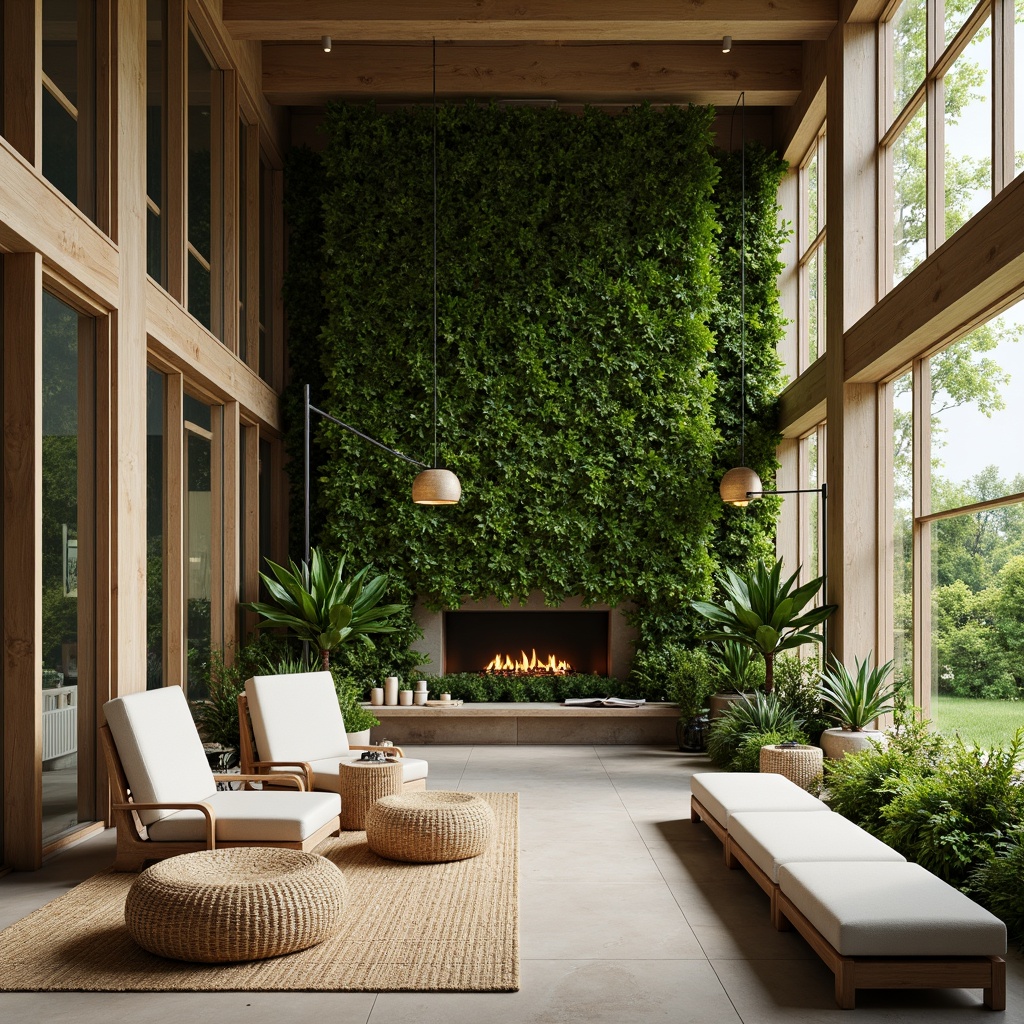 Prompt: Elegant eco-friendly interior, lush green walls, living plants, natural materials, reclaimed wood furniture, energy-efficient lighting, floor-to-ceiling windows, minimal ornamentation, organic shapes, calming ambiance, soft diffused light, shallow depth of field, 1/1 composition, intimate scale, warm beige tones, earthy color palette, natural textiles, woven bamboo accents, minimalist decor, serene atmosphere, subtle aromas, air purification systems, healthy indoor environments.