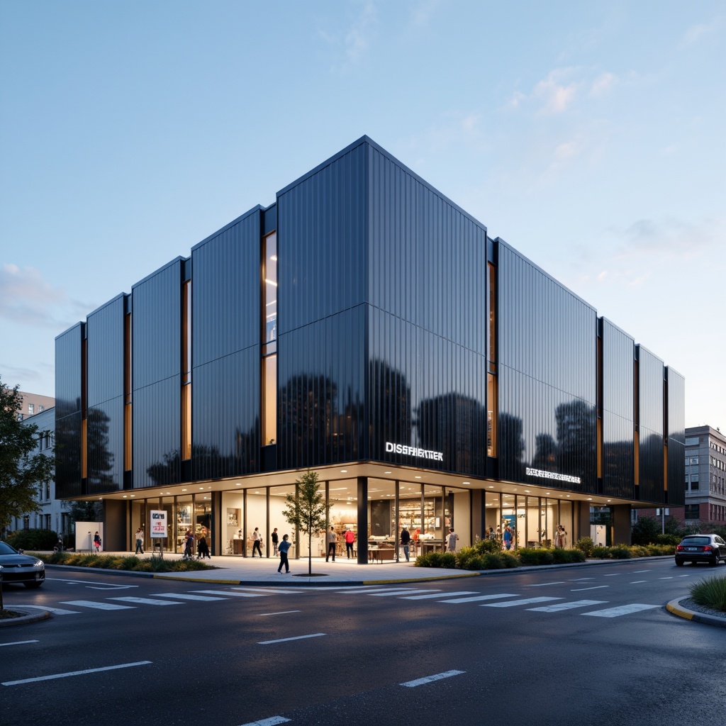 Prompt: Sleek modern distribution center, industrial metallic facade, large windows, LED signage, loading docks, cargo bay doors, aluminum cladding, minimalist design, functional architecture, urban landscape, busy streets, daytime scene, soft natural lighting, shallow depth of field, 1/1 composition, realistic textures, ambient occlusion.