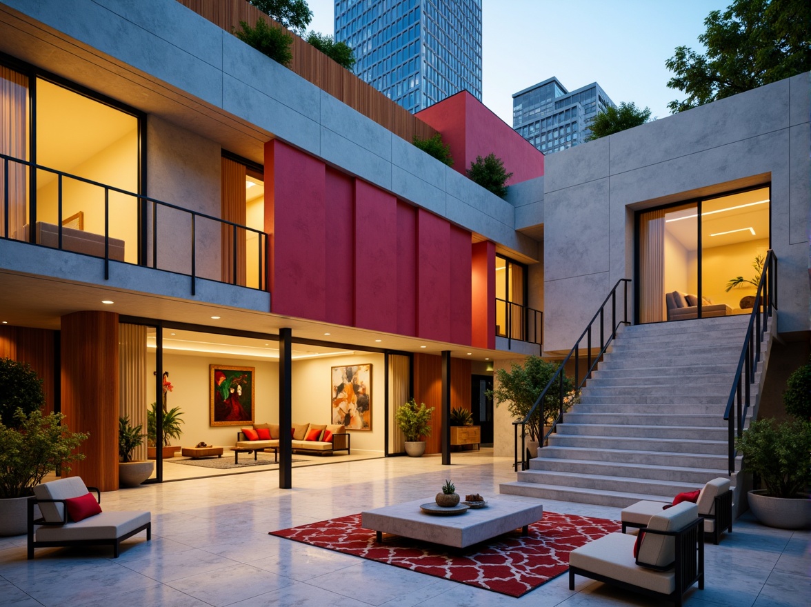 Prompt: Vibrant apartment exterior, experimental architecture design, bold color blocking, irregular shapes, exposed concrete walls, wooden accents, floor-to-ceiling windows, sliding glass doors, modern minimalist interior, polished marble floors, sleek metal handrails, soft ambient lighting, cozy living room setting, plush velvet furniture, geometric patterned rugs, abstract artwork, urban cityscape view, 1/1 composition, cinematic camera angle, warm natural light, subtle shadows, realistic material textures.