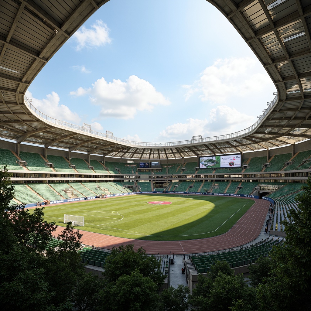 Prompt: Large stadium, curved rooflines, cantilevered canopies, open-air concourses, natural ventilation systems, wind-driven airflow, clerestory windows, solar shading devices, green roofs, lush landscaping, athletic tracks, soccer fields, basketball courts, tiered seating, reinforced concrete structures, steel frames, transparent glass facades, LED scoreboard displays, sunny day, soft warm lighting, shallow depth of field, 3/4 composition, panoramic view, realistic textures, ambient occlusion.