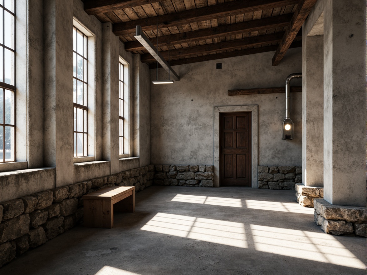 Prompt: Rough-hewn concrete walls, brutalist architecture, rugged stone foundations, distressed wood accents, industrial metal beams, exposed ductwork, minimalist interior design, raw unfinished surfaces, dramatic natural light, low-key ambient lighting, cinematic shading, high-contrast textures, abstract composition, 2.35