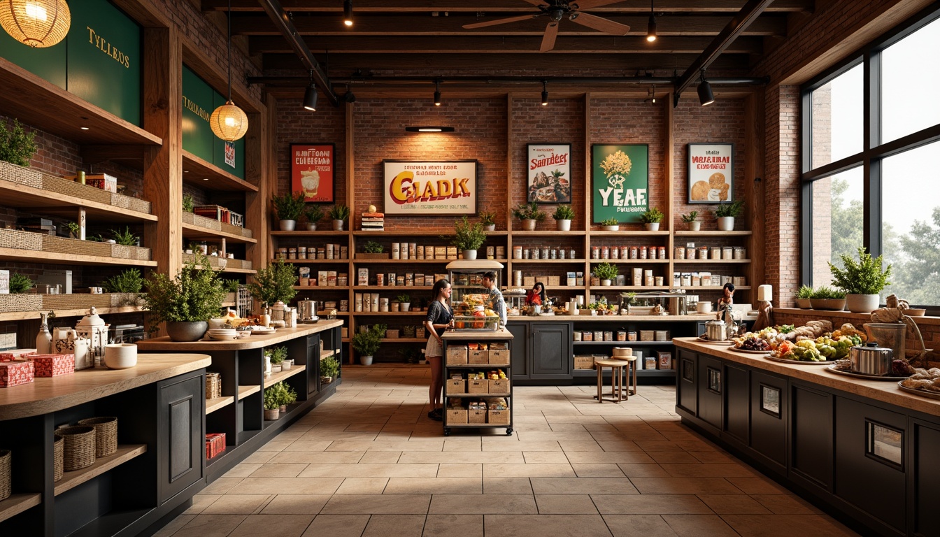 Prompt: Cozy grocery store interior, wooden accents, earthy tones, rustic brick walls, warm lighting, metal shelving units, colorful product displays, vibrant signage, natural stone flooring, woven basket textures, ceramic tile backsplashes, wooden crate decorations, vintage-inspired advertising posters, rich wood grain patterns, soft warm illumination, shallow depth of field, 1/1 composition, realistic textures, ambient occlusion.