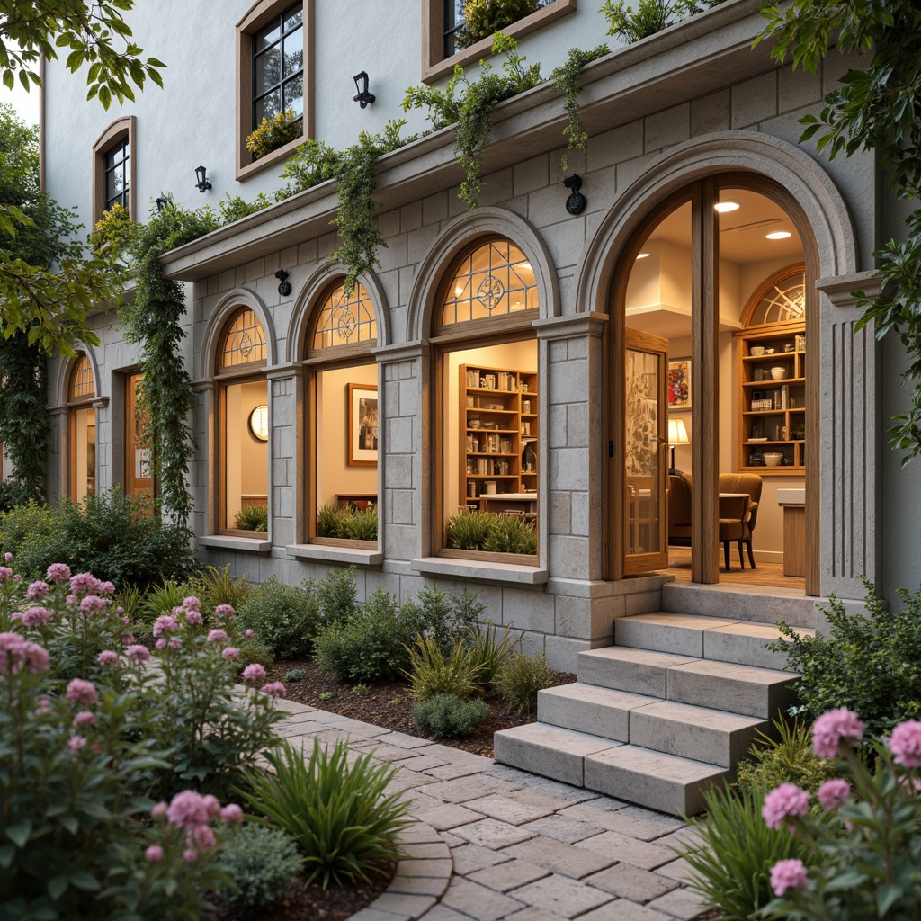 Prompt: Whimsical dental clinic facade, ornate Victorian details, soft pastel colors, delicate filigree patterns, floral motifs, curved lines, romantic archways, warm golden lighting, rustic stone walls, stained glass windows, intricate wooden doors, lush greenery, blooming flowers, peaceful ambiance, shallow depth of field, 3/4 composition, realistic textures, ambient occlusion.