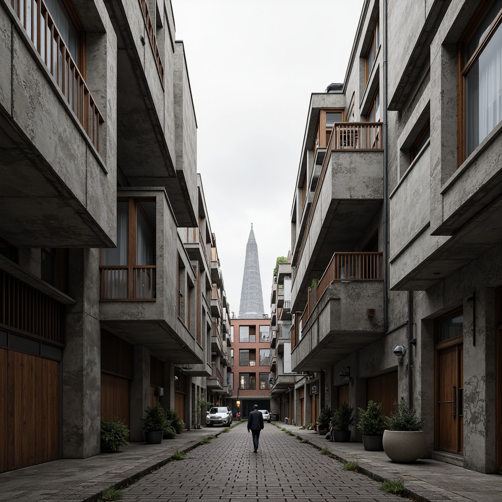 Prompt: Rugged brutalist buildings, exposed concrete structures, raw industrial materials, bold monochromatic color scheme, muted earth tones, cold grey accents, weathered steel beams, distressed wood textures, urban cityscape, overcast skies, dramatic shadows, low-key lighting, cinematic composition, gritty realistic rendering, detailed architectural elements, rough-hewn stone walls, geometric abstract patterns.