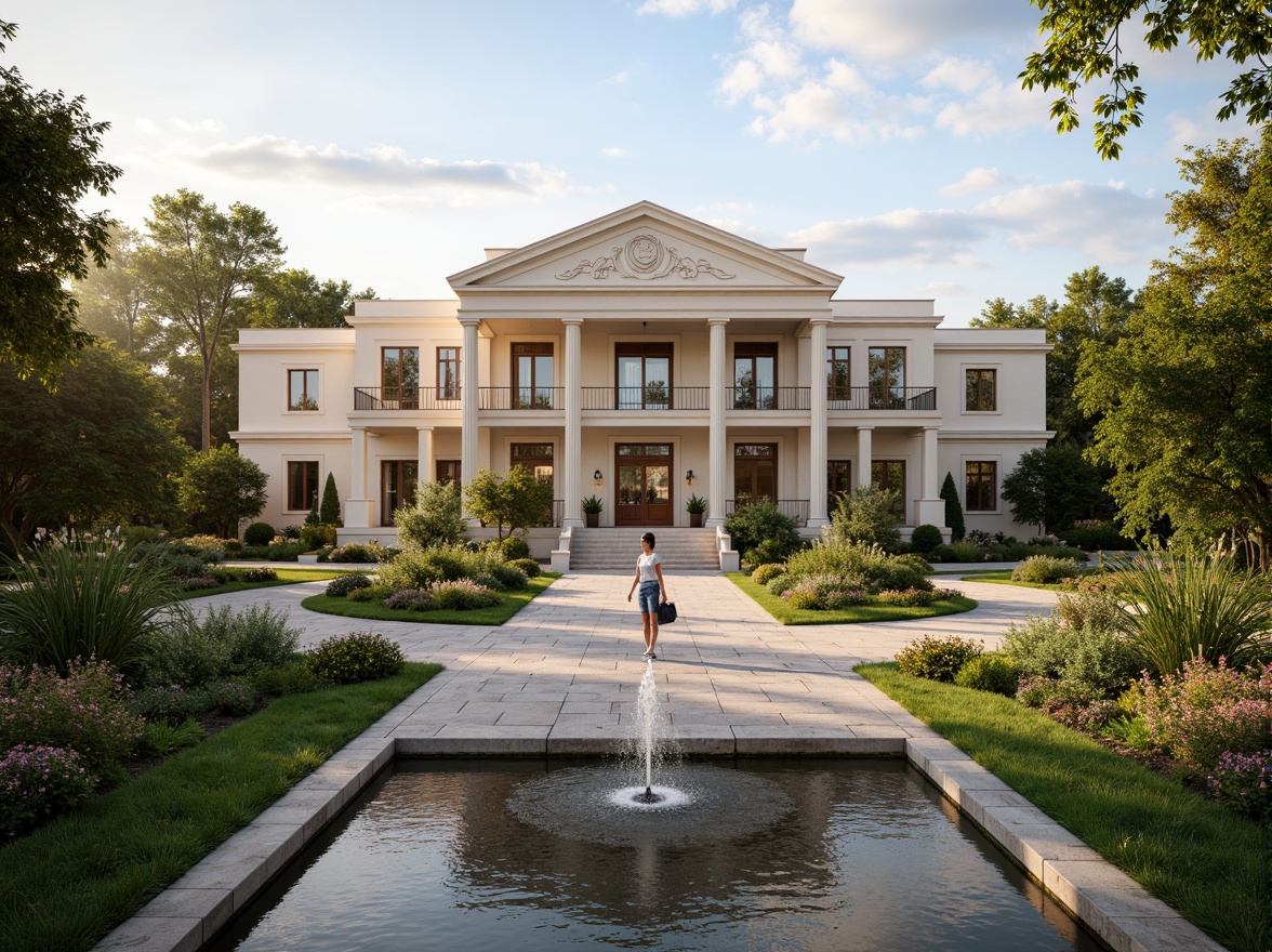 Prompt: Grand neoclassical mansion, symmetrical facade, ornate details, ionic columns, carved stone walls, manicured lawns, serene water features, walking paths, blooming flowers, lush greenery, natural stone pavements, elegant fountains, scenic vistas, panoramic views, warm golden lighting, soft focus, atmospheric perspective, realistic textures, subtle ambient occlusion.