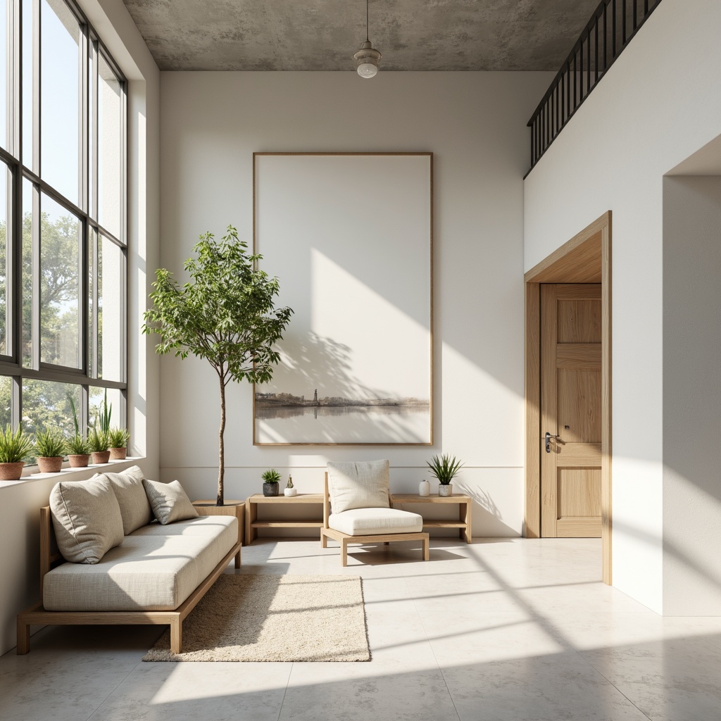 Prompt: Monochromatic neutral tones, soft creamy whites, calming grays, subtle beige accents, sleek metallic frames, minimal ornamentation, clean lines, simple shapes, industrial materials, sparse greenery, natural light pouring in, airy atmosphere, shallow depth of field, 1/1 composition, realistic textures, ambient occlusion.