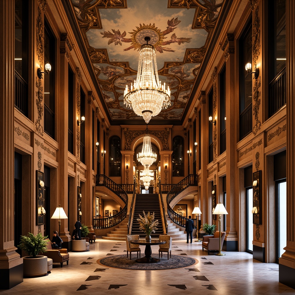 Prompt: Grand hotel lobby, intricately carved wooden panels, ornate gilded mirrors, crystal chandeliers, lavish furnishings, rich velvet drapes, marble floors, sweeping staircases, decorative ceiling frescoes, gold leaf accents, intricate moldings, luxurious ambiance, warm soft lighting, shallow depth of field, 1/2 composition, symmetrical architecture, grandiose proportions, opulent materials, refined elegance.