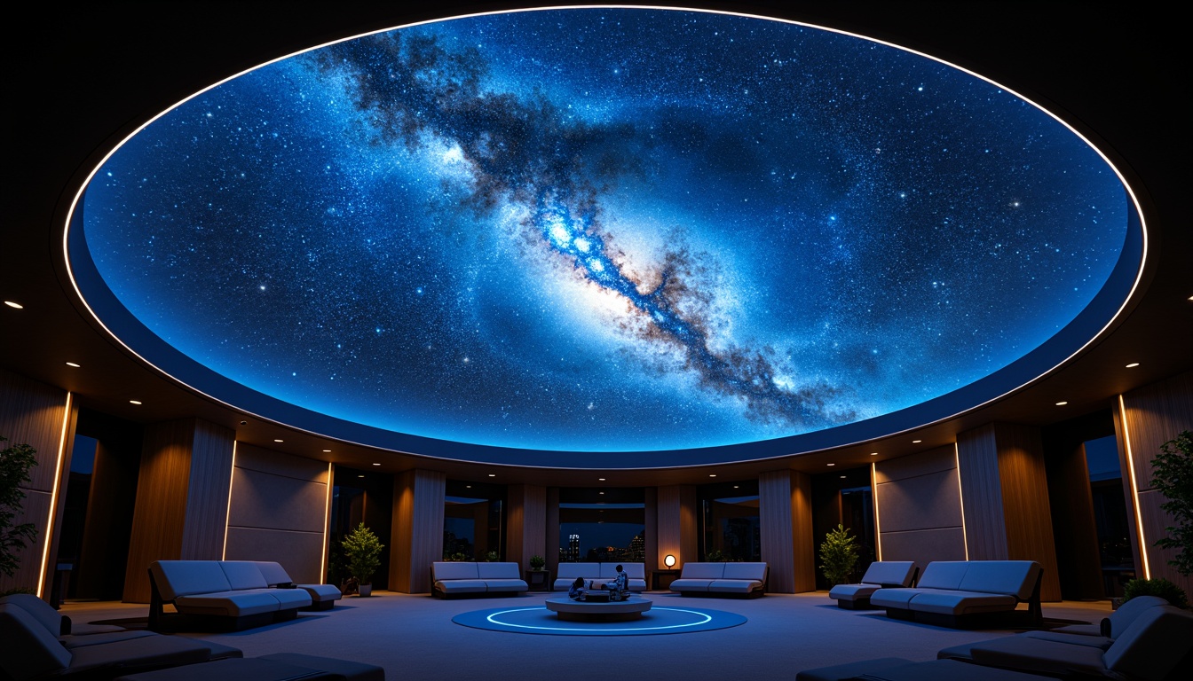 Prompt: Celestial planetarium dome, immersive starry night sky, realistic astronomical projections, spherical screen, comfortable seating, dark blue ambient lighting, subtle LED accents, futuristic design, curved lines, minimalist decor, sound-absorbing materials, acoustic panels, soft warm spotlights, 1/1 composition, dramatic shadows, atmospheric glow, panoramic view.