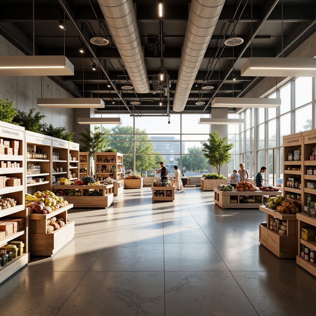 Prompt: Geometric symmetries, modern grocery store, clean lines, minimal decor, functional shelving, abundant natural light, polished concrete floors, neutral color palette, rectangular display cases, rhythmic product arrangements, central aisle, curved checkout counters, suspended ceiling lights, airy atmosphere, morning sunlight, shallow depth of field, 1/1 composition, realistic reflections, subtle ambient occlusion.