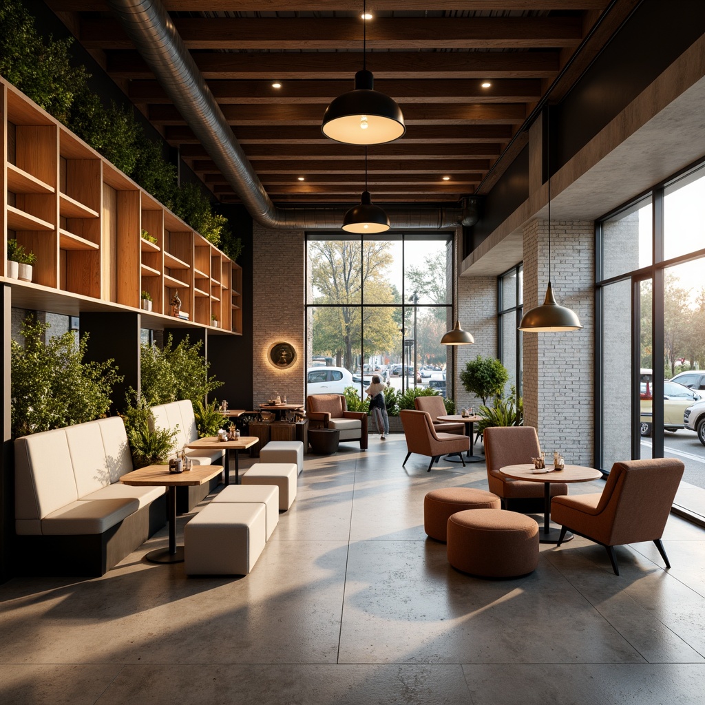 Prompt: Modern coffee shop interior, streamline design, minimalist aesthetic, warm neutral tones, wooden accents, industrial chic lighting, exposed brick walls, polished concrete floors, cozy corner seating, sleek metal tables, comfortable plush chairs, pendant lamps, soft warm glow, high ceilings, large windows, natural daylight, subtle shadows, atmospheric ambiance, 1/1 composition, realistic textures, ambient occlusion.