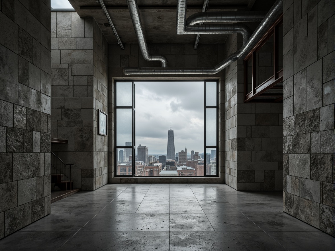 Prompt: Rough concrete walls, brutalist architecture, rugged stone fa\u00e7ades, industrial metal beams, raw unfinished surfaces, exposed ductwork, minimalist interior design, monochromatic color scheme, urban cityscape, gloomy overcast sky, dramatic high-contrast lighting, cinematic camera angles, 2.35