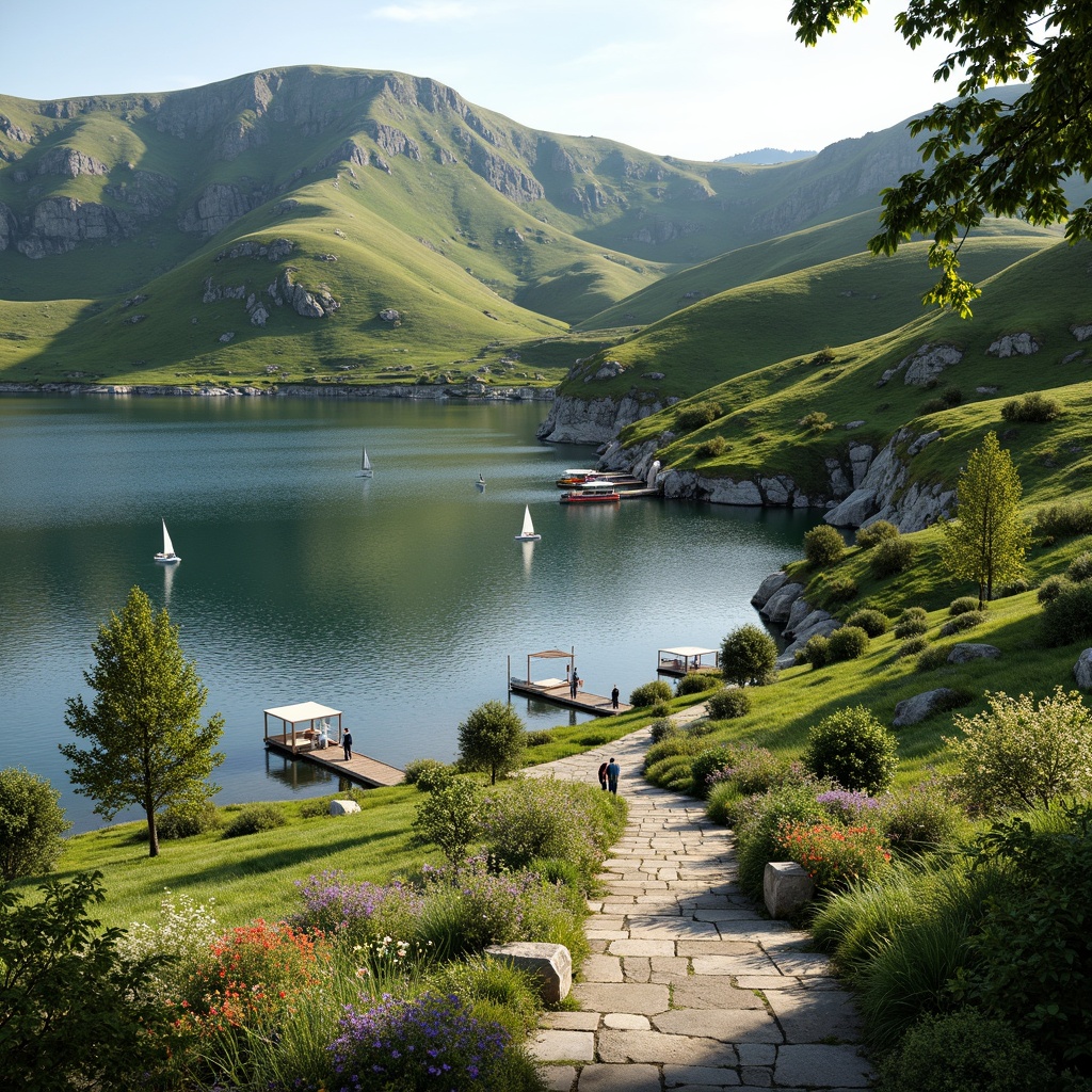 Prompt: Rolling hills, lush greenery, winding pathways, serene lakeside, wooden docks, sailboats, vibrant flowers, natural stone walls, rustic benches, weathered wood textures, warm sunny day, soft diffused lighting, shallow depth of field, 3/4 composition, panoramic view, realistic water reflections, ambient occlusion, harmonious landscape integration, ecological balance, sustainable design solutions.