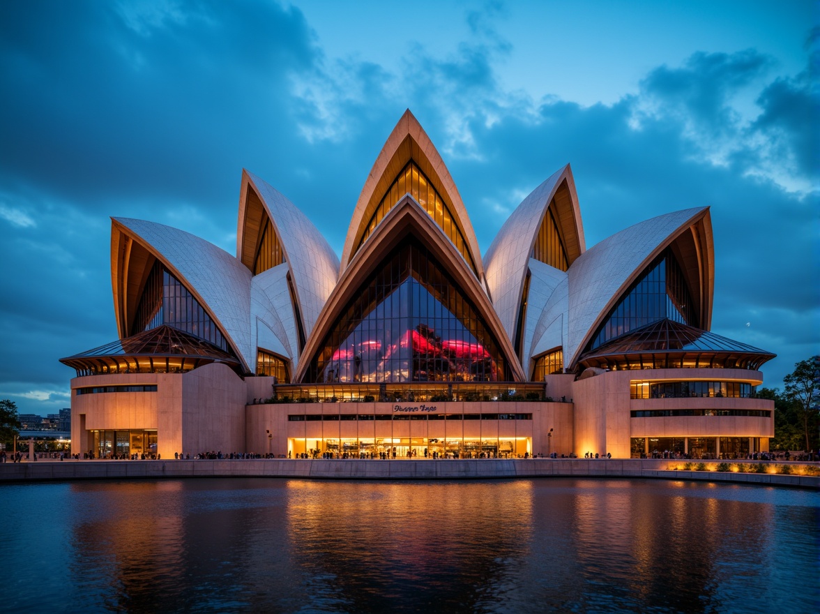 Prompt: Vibrant Sydney Opera House, iconic sail-like design, gleaming white concrete, iridescent glass panels, subtle nautical theme, rich warm beige tones, deep navy blue accents, pop of bright red highlights, sleek metallic finishes, dramatic spotlights, soft diffused lighting, shallow depth of field, 2/3 composition, symmetrical framing, high contrast, realistic reflections.