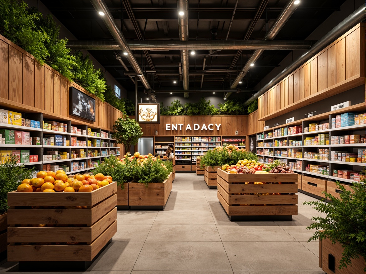 Prompt: Vibrant grocery store, warm earthy tones, rich wood accents, fresh greenery, abundant fruit displays, colorful packaging designs, inviting entrance signage, natural stone flooring, industrial metal shelving, modern minimalist lighting, soft warm ambiance, 1/2 composition, realistic textures, ambient occlusion.