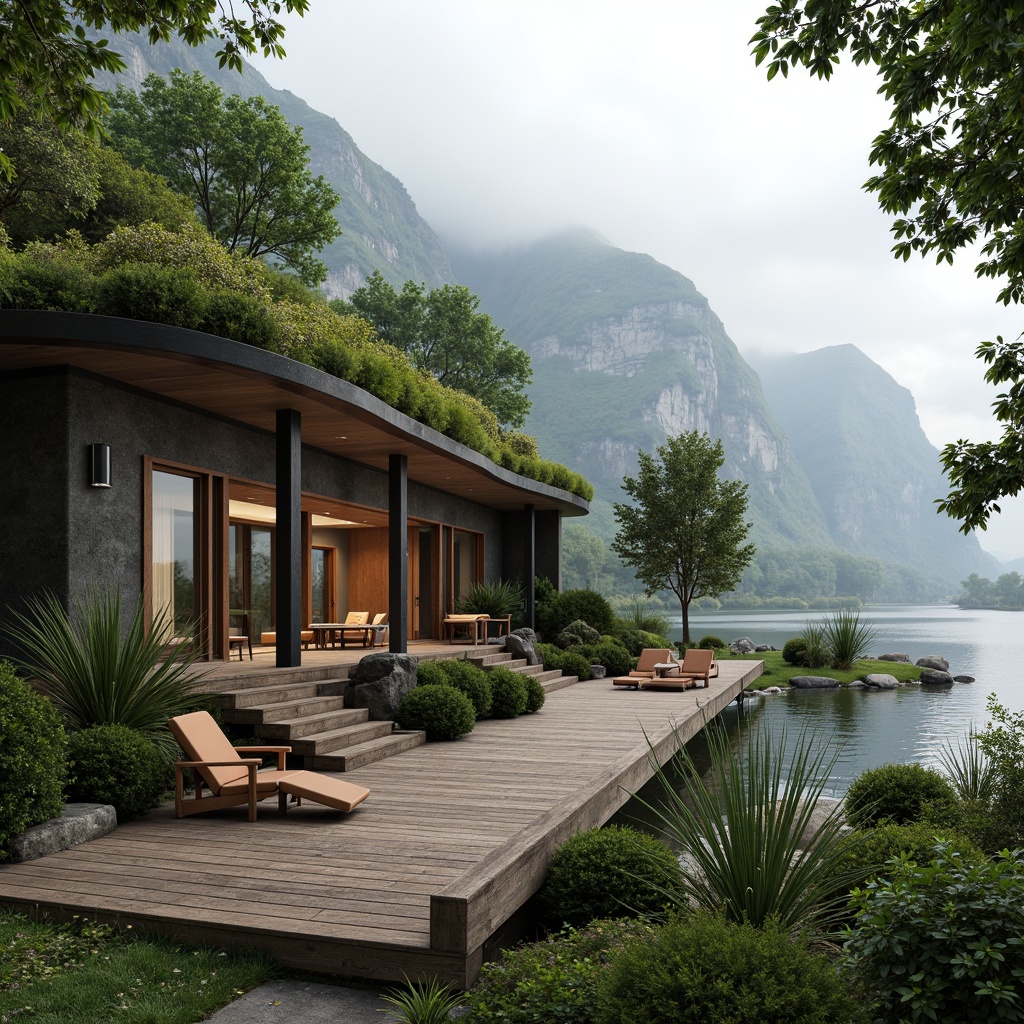 Prompt: Seamless landscape integration, harmonious architecture, organic curves, natural stone walls, lush green roofs, living walls, verdant overhangs, cantilevered structures, floor-to-ceiling windows, sliding glass doors, panoramic views, misty mountains, serene lakeside, rustic wooden decks, weathered steel accents, earthy color palette, soft diffused lighting, warm atmospheric mood, 1/1 composition, symmetrical framing, realistic foliage, ambient occlusion.