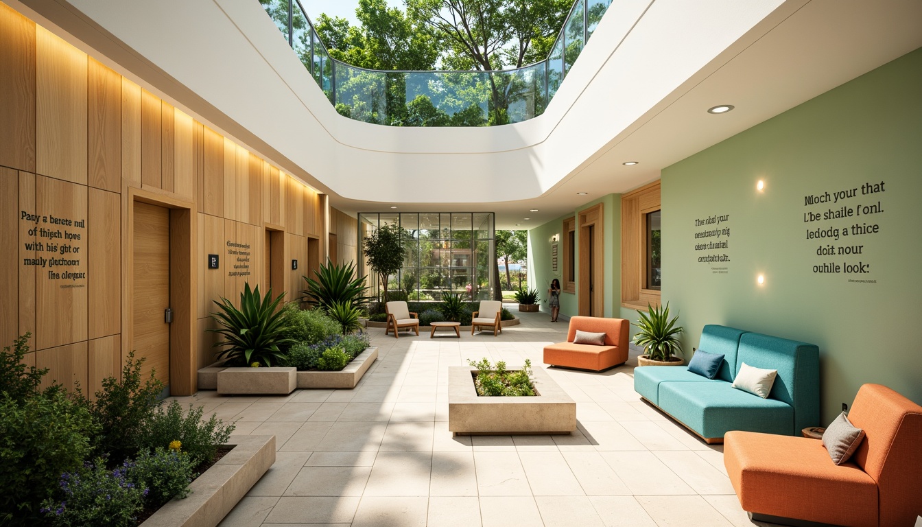 Prompt: Vibrant rehabilitation center, calming color schemes, soothing natural light, warm wooden accents, soft pastel hues, gentle curves, comfortable seating areas, peaceful atriums, lush green walls, adaptive lighting systems, mood-enhancing chromotherapy, stimulating art installations, uplifting quotes, inspiring patient stories, modern minimalist design, sleek metal fixtures, warm beige flooring, cozy reading nooks, refreshing water features, calming nature sounds, shallow depth of field, 3/4 composition, panoramic view, realistic textures, ambient occlusion.