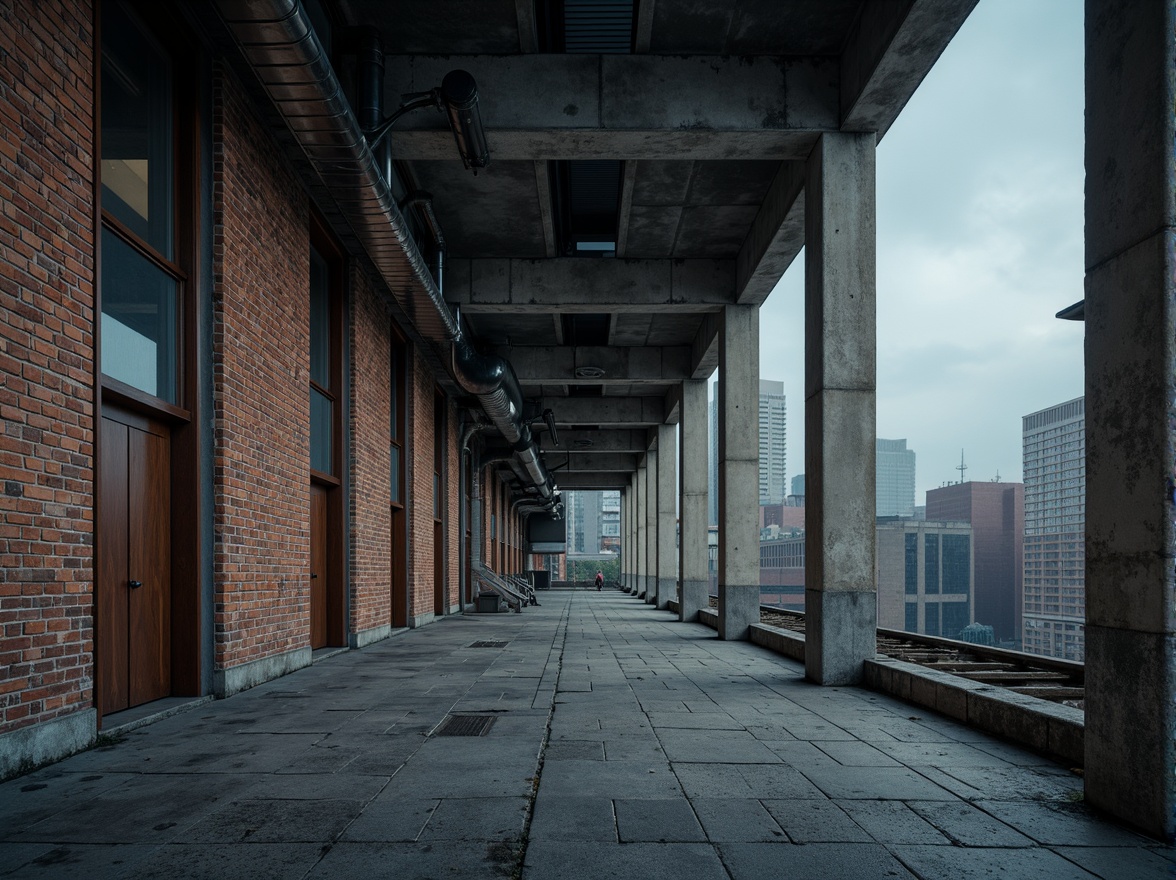 Prompt: Gritty brutalist architecture, raw concrete textures, weathered steel beams, industrial brick walls, muted earth tones, dark greys, cold blues, rugged stone floors, exposed ductwork, urban cityscape, overcast skies, dramatic shadows, high-contrast lighting, cinematic composition, atmospheric fog, industrial-era aesthetic, utilitarian design principles, functional simplicity, brutal honesty.