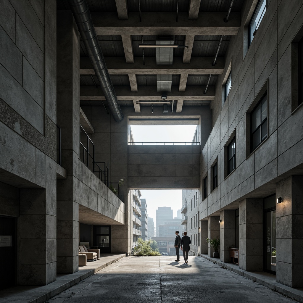 Prompt: Rough concrete walls, exposed ductwork, industrial metal beams, brutalist architecture, rugged stone fa\u00e7ades, minimalist decor, cold harsh lighting, dramatic shadows, urban cityscape, dense foggy atmosphere, low-angle photography, cinematic composition, realistic textures, ambient occlusion.Let me know if you need any adjustments!