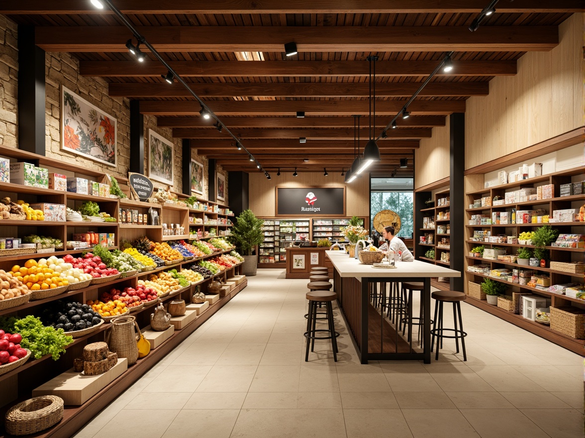 Prompt: Vibrant grocery store, warm wooden shelves, fresh produce displays, colorful fruit arrangements, rustic stone walls, earthy tone flooring, natural lighting, modern minimalist signage, industrial metal accents, clean white countertops, cozy corner seating areas, warm beige tones, inviting atmosphere, soft overhead lighting, 1/1 composition, shallow depth of field, realistic textures.