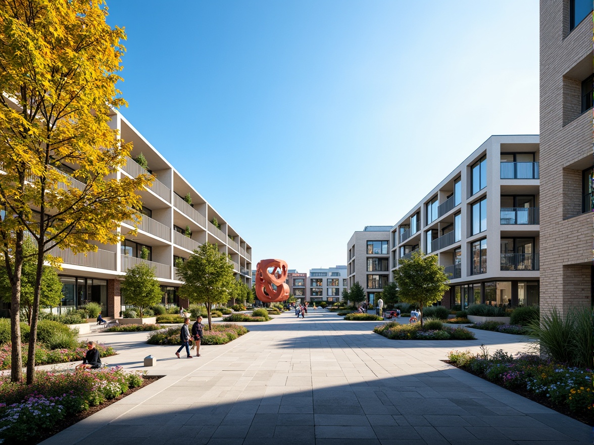 Prompt: Vibrant open plaza, sleek modern buildings, angular lines, minimalist design, abundant natural light, spacious courtyards, lush greenery, vibrant flowers, walking paths, benches, public art installations, urban landscape, clear blue sky, warm sunny day, shallow depth of field, 3/4 composition, panoramic view, realistic textures, ambient occlusion.