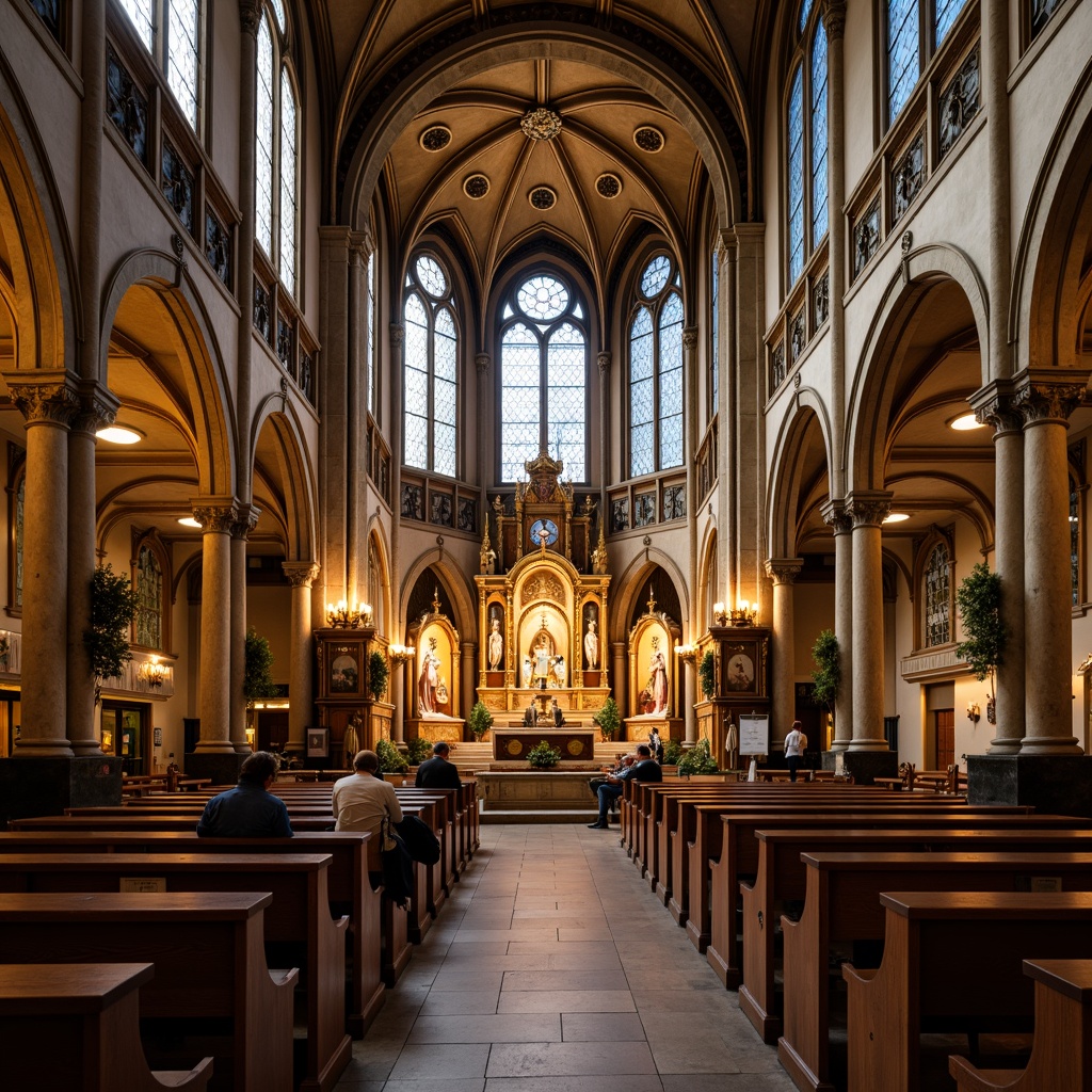 Prompt: Elegant church interior, grandiose nave, stained glass windows, ornate altarpieces, intricate stone carvings, vaulted ceilings, symmetrical aisles, polished wooden pews, sacred sculptures, ambient soft lighting, warm golden tones, serene atmosphere, 1/1 composition, central focal point, subtle texture details, realistic reflections.